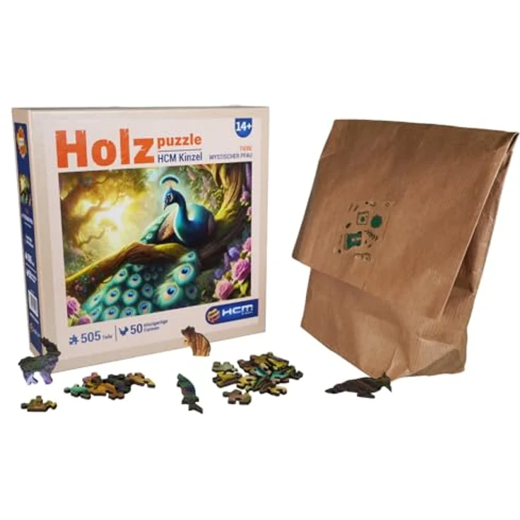 HCM Kinzel Holzpuzzle Mystischer Pfau, 505 Teile, detailreiches Design, hochwertiges Holz, leuchtende Farben, langlebige Premium-Qualität – Bild 3