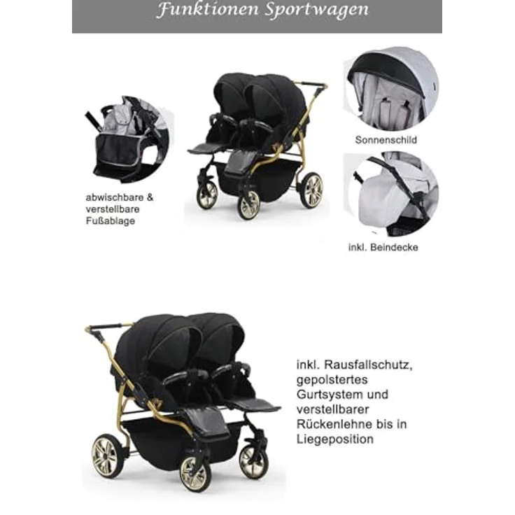 BabyMerc Zwillings-Kombikinderwagen City Twin 5 in 1 inkl. Sportsitze, Autositze und Isos in 19 Farben, Multitalent für Geschwister in allen Lebenslagen – Bild 7