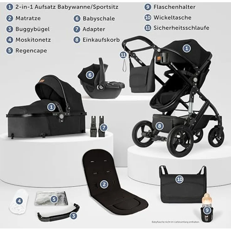 Bergsteiger Nizza 3 in 1 Kinderwagen, Kombikinderwagen Komplettset, Auto-Babyschale, Babywanne & Buggy Sportsitz inklusive, Isofix Station optional, grau – Bild 3