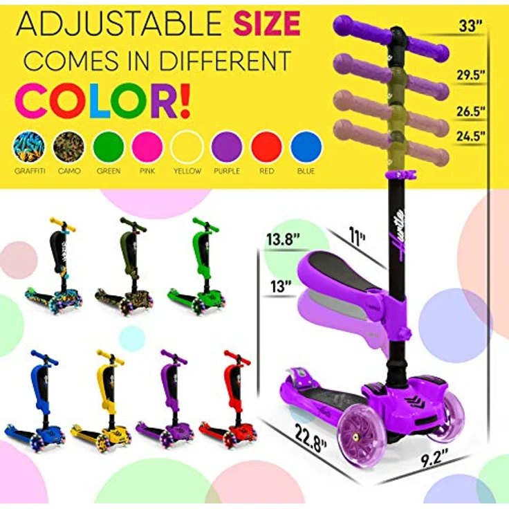 Hurtle ScootKid, Kinderscooter mit klappbarem und abnehmbarem Sitz, großen Rädern, LED-Lichtern, verstellbarem Lenker für Kinder bis 60 kg – Bild 8