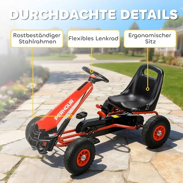 AIYAPLAY Go-Kart Tretauto mit Handbremse, verstellbarem Sitz und Pedalantrieb für Kinder 3-8 Jahre, Rot – Bild 6