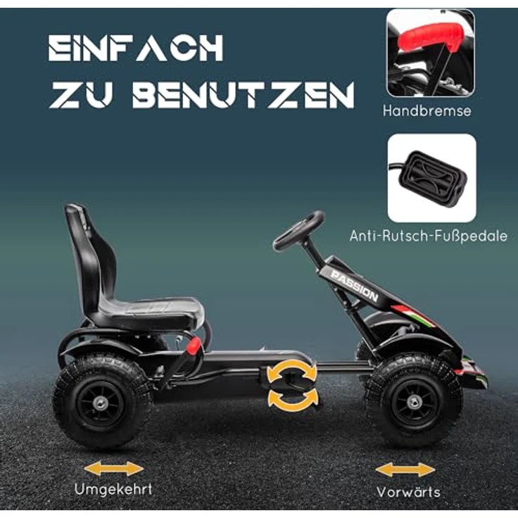 HOMCOM Go-Kart Tretauto, Kinderfahrzeug mit Handbremsen und verstellbarem Sitz, Schwarz, 121 x 58 x 61 cm – Bild 4