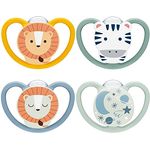 NUK Space Day & Night Babyschnuller | 18-36 Monate | Im Dunkeln leuchtende Schnuller mit zusätzlichen Öffnungen für sensible Haut | BPA-freies Silikon | Zebra & Löwe | 4 Stück