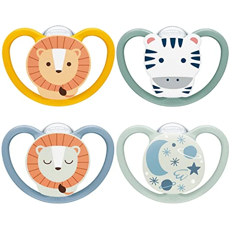 NUK Space Day & Night Babyschnuller | 6-18 Monate | Im Dunkeln leuchtende Schnuller mit zusätzlichen Öffnungen für sensible Haut | BPA-freies Silikon | Zebra & Löwe | 4 Stück – Bild 1