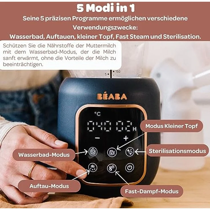 BÉABA, Flaschenwärmer/Sterilisator, Muttermilch-/Säuglingsmilchwärmer, Multifunktional: 5 Modi, Wasserbadfunktion, Erwärmen von Gläschen, Auftauen, Schnellmodus, Sterilisationsmodus, Multi Milk – Bild 4