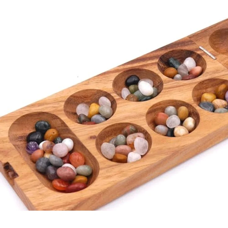 ROMBOL Kalaha - hochwertiges Steinchenspiel für 2 Personen inkl. Spielsteinen, Holzspiel mit 72 Stück Strategie-Spielsteinen, Modell:1 – Bild 4