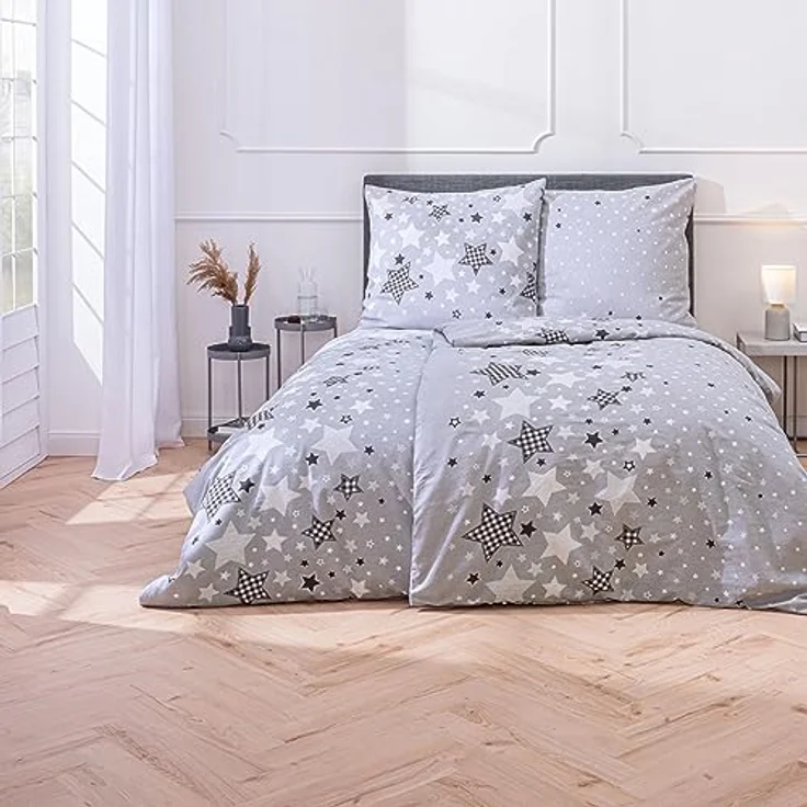 MTOnlinehandel Biber Bettwäsche 135x200 Sterne-Motiv, Teenager-Bettwäsche, Kinder-Bettwäsche für Mädchen und Jungen, Kissenbezug 80x80 + Bettbezug 135x200 cm - 100% Baumwolle Winter warm – Bild 2