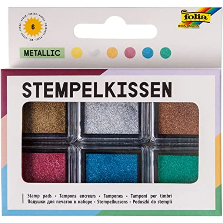 Folia Stempelkissen Set, metallic Gold, Silber, Kupfer, Rot, Blau, Grün, 6 Stück, 2,4 x 2,4 cm, schnelltrocknende Tinte – Bild 1