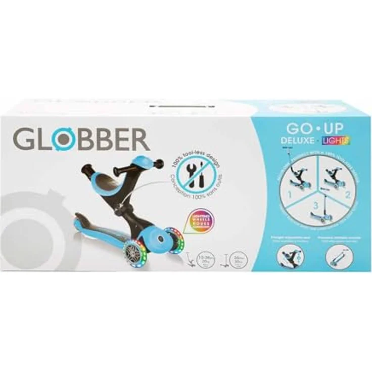 Globber Go-Up Deluxe Lights, Scooter mit Leuchtrollen, hellblau, 3-in-1 Nutzung, höhenverstellbar, für 15-36 Monate – Bild 6