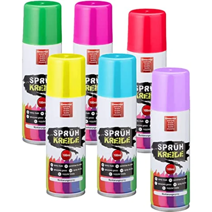 Sprühkreide wasserlöslich 100 ml Dose - 24er Set - Kreidespray in 6 verschiedenen bunten Farben - Flüssigkreide Markierungsspray abwaschbar Straßen Kreide Marker rot gelb grün pink lila blau – Bild 2