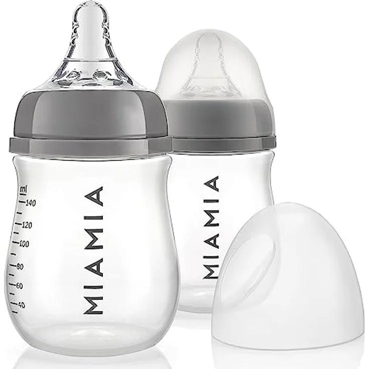 MiaMia 2x Babyflasche 140ml mit Anti Kolik Sauger Größe S - 2 kleine PP Flaschen mit Silikonsaugern - Transparent Grau – Bild 1