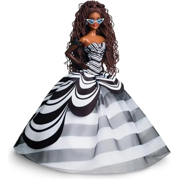 Barbie 65. Anniversary HRM59, Anziehpuppe im schwarz-weiß gestreiften Ballkleid mit saphirblauen Akzenten, inkl. Puppenständer und Echtheitszertifikat – Bild 4