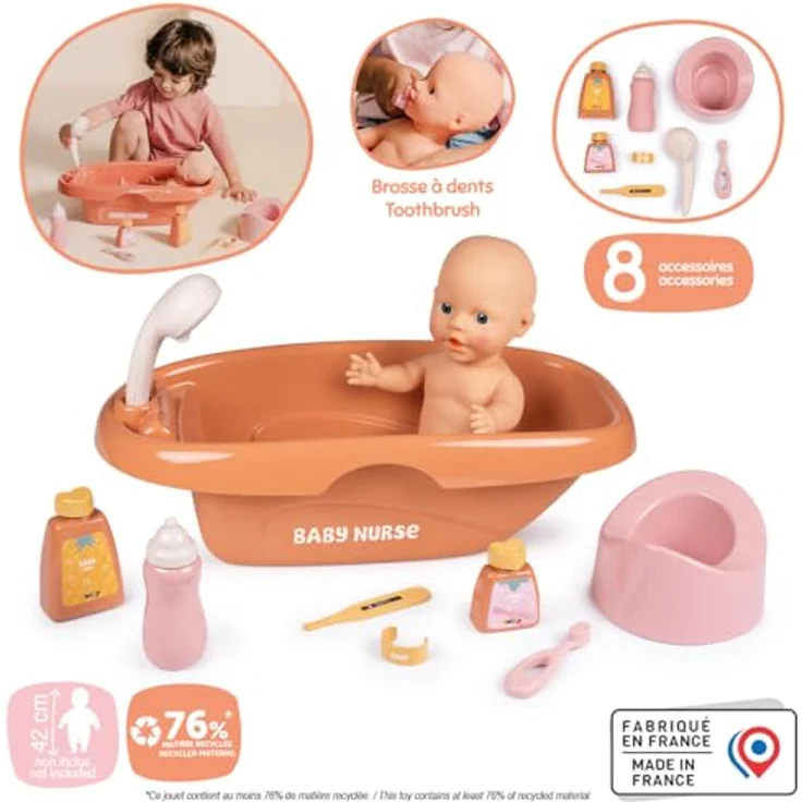 Smoby Baby Nurse Puppen-Badewanne, 8-teiliges Set mit Zubehör für Rollenspiele, aus recyceltem Material, für Kinder ab 3 Jahren, in Frankreich gefertigt – Bild 2