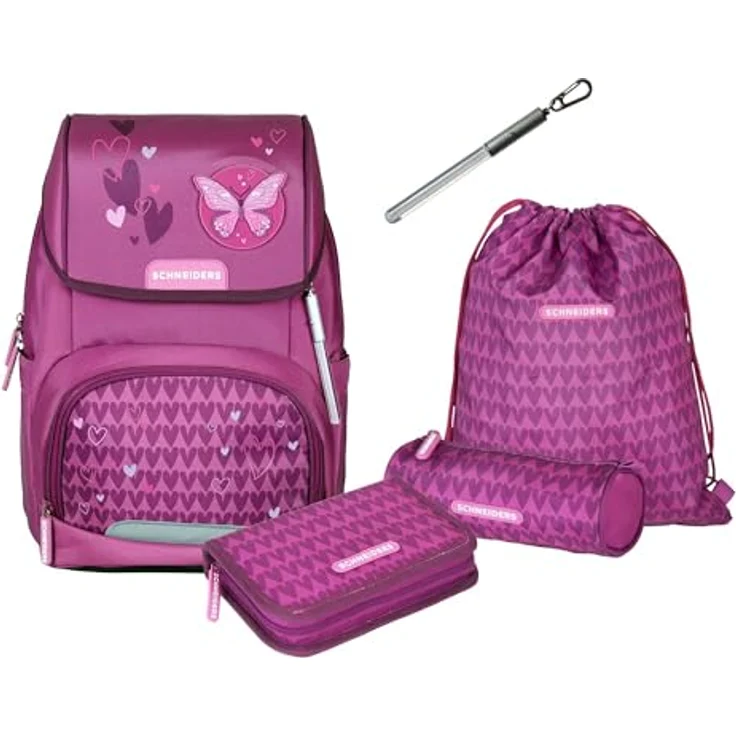 Schneiders Vienna Ergojet Purple Hearts, ergonomischer Schulranzen aus 100% recycelten PET-Flaschen, 21 Liter Volumen, mit LED-Leuchtstab und 6-teiligem Set – Bild 1