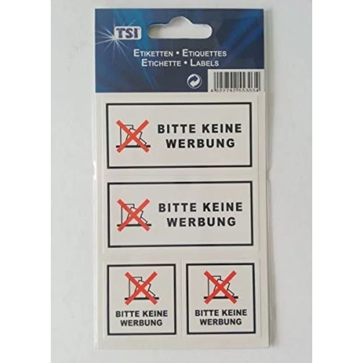 TSI 55304 Etiketten 'BITTE KEINE WERBUNG' Briefkasten Schilder, selbstklebendes 4er Set mit 2x Werbung vermeiden und 1x Danke, lieber Briefträger