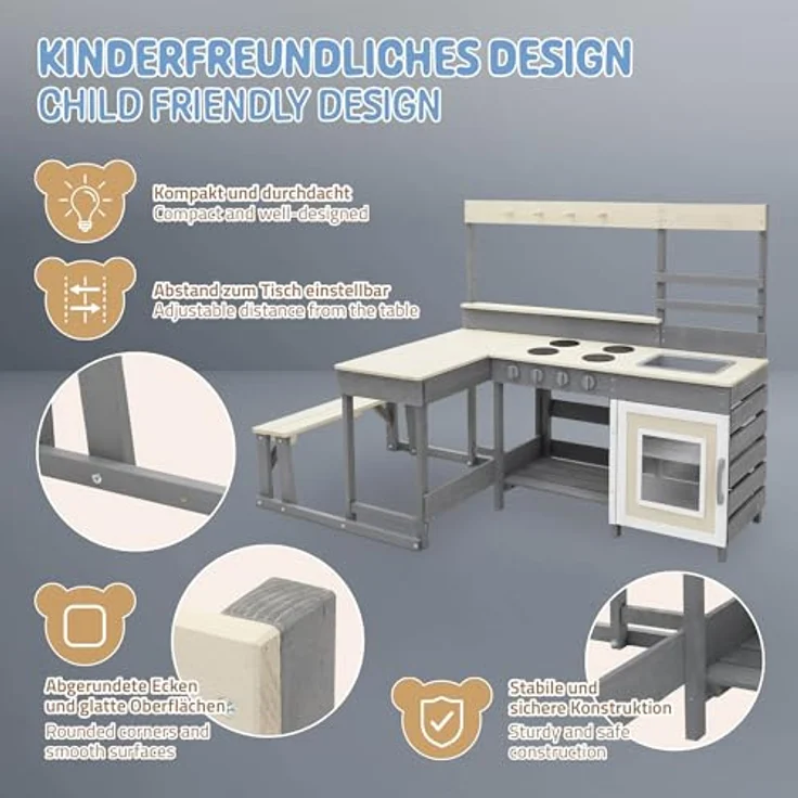 Joyz Kinderküche Kinderküche aus massivem Tannenholz, Spielküche mit Tisch, Sitzbank, wetterfestem Zubehör und herausnehmbarer Spüle, für drinnen und geschützten Außenbereich, ab 3 Jahren, in Grau, Beige und Lila – Bild 3