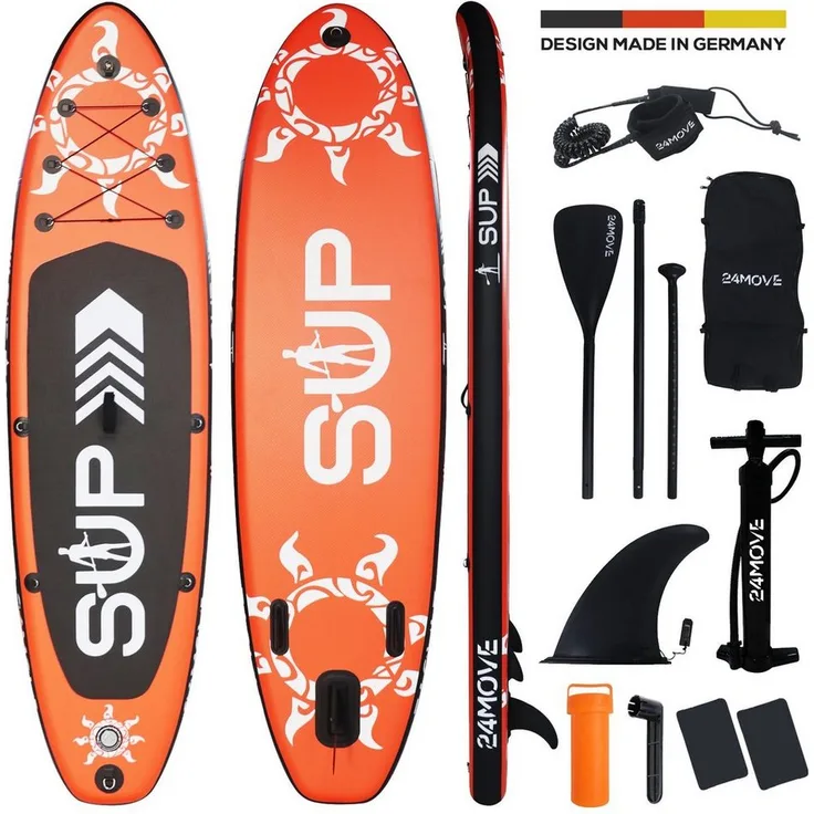 24Move SUP-Board Set, Premium Stand Up Paddleboard aufblasbar, inkl. Zubehör, Longboard, für Kinder & Erwachsene, ROT, mit Drop Stich Technologie