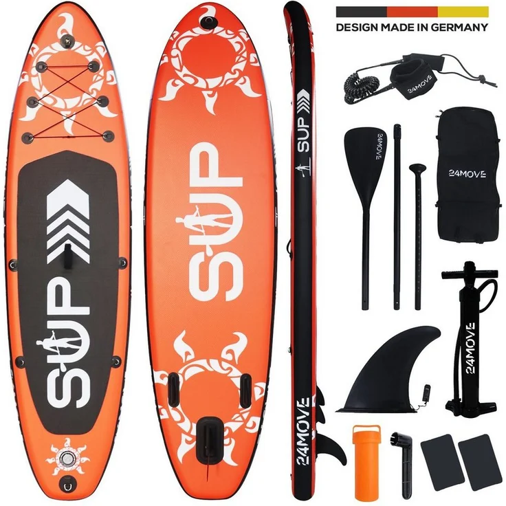 24Move SUP-Board Set, Premium Stand Up Paddleboard aufblasbar, inkl. Zubehör, Longboard, für Kinder & Erwachsene, ROT, mit Drop Stich Technologie