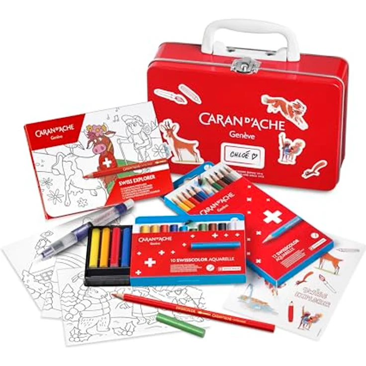 Caran d'Ache Swisscolor Travel Kit, Set mit Metallkoffer, 12 Farbstiften, 10 Pastellkreiden, Aquarellpinsel und 12 Ausmal-Postkarten – Bild 2
