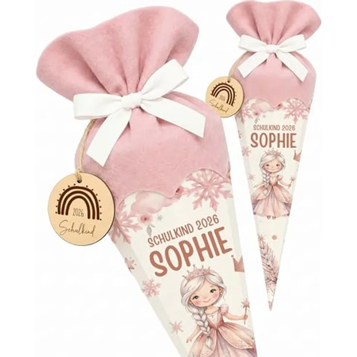 Kidsmood personalisierte Schultüte Prinzessin, Zuckertüte für Einschulung inkl. Rohling, Filz-Stoff & Holzschild, rosa, für Schulkind 2026