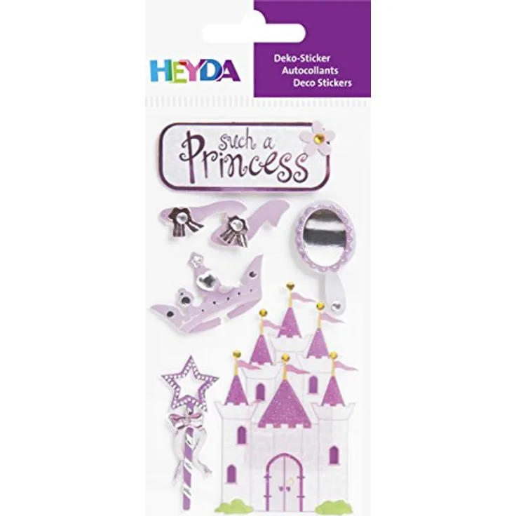 Baier & Schneider Heyda 203780684 Stick-On's Mix, Motiv: Prinzessin, Dekorative Karton-Sticker mit Perlen und Acrylsteinchen, wasserlöslich, 7,5cm x 16,5cm