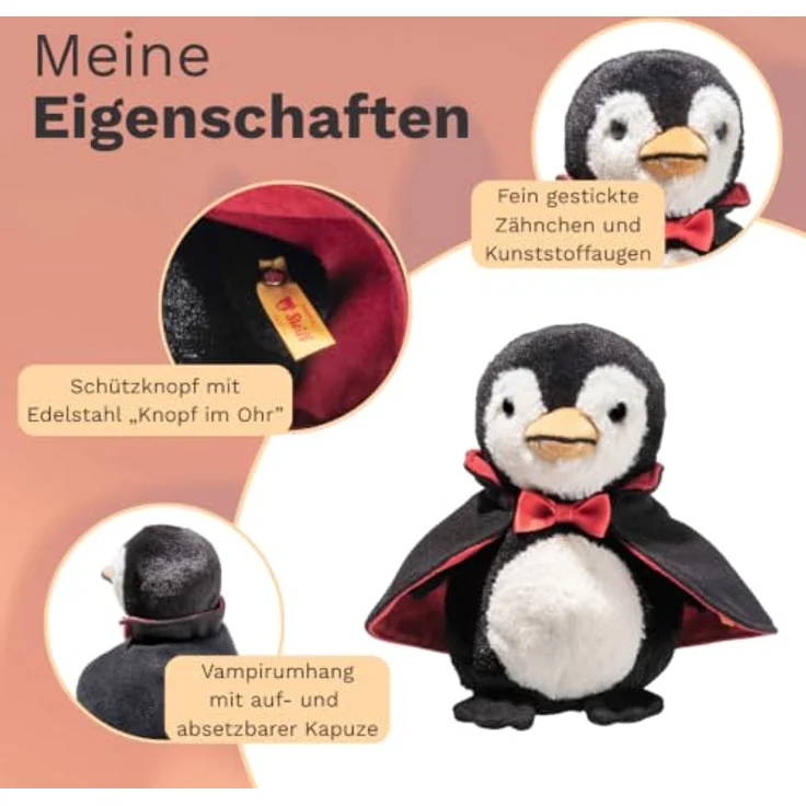 Steiff Kuscheltier Nibble Vampir Pinguin, 15 cm Plüschtier mit abnehmbarem Umhang, mehrfarbig, handgefertigt – Bild 3
