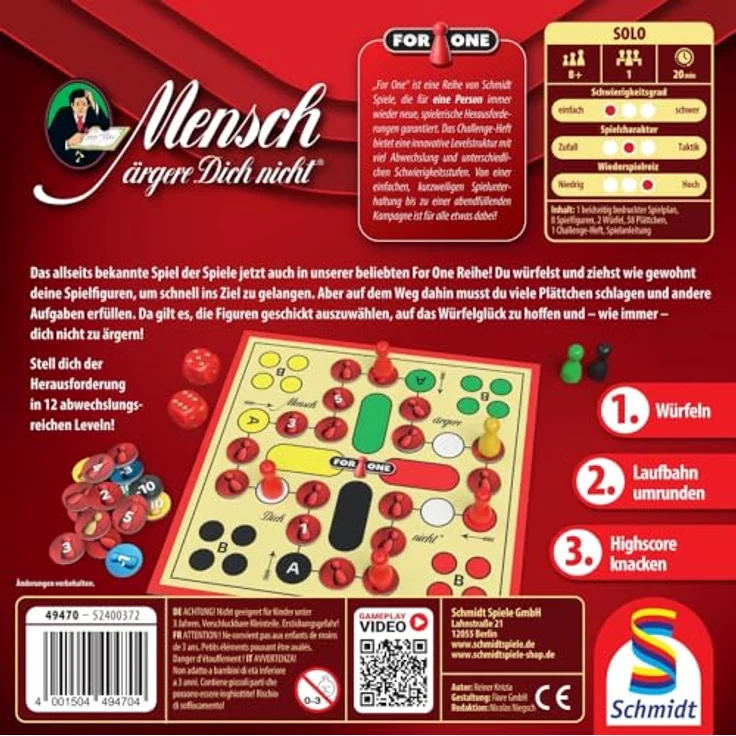 Schmidt Spiele 49470 for One, Mensch ärgere Dich Nicht, Würfelspiel - Langer Spielspaß durch spannende Levelstruktur, für 1 Person, ab 8 Jahren, ca. 15 Minuten – Bild 2