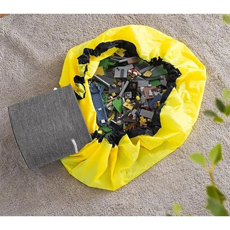 KRUZZEL Spielmatte Aufbewahrungsbox mit Spielzeugkorb, grau/gelb-schwarz, wasserfest, 135 cm Durchmesser, verstärkte Griffe für leichten Transport – Bild 2