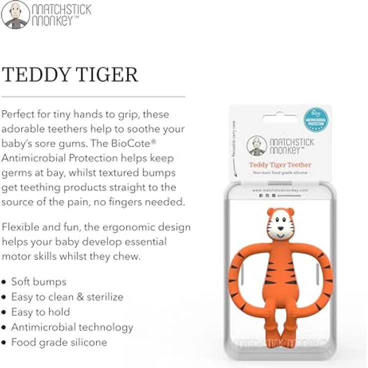 Streichholz-Affe - Lebensmittel-Silikon-Flachgesicht-Tier-Zahnspiel - kleiner Affe Matchstick Monkey Beißring/Zahnungshilfe/für wundes Zahnfleisch/ab 3 Monaten/Tiermotiv Teddy Tiger – Bild 5