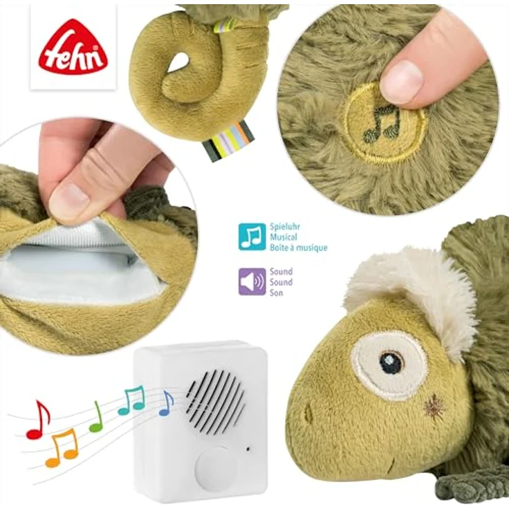 Fehn Einschlafhilfe Chamäleon, mit Soundmodul und Cry-Sensor, 10 beruhigende Sounds, für Babys ab 0+ Monaten, ca. 27 cm, maschinenwaschbar – Bild 5