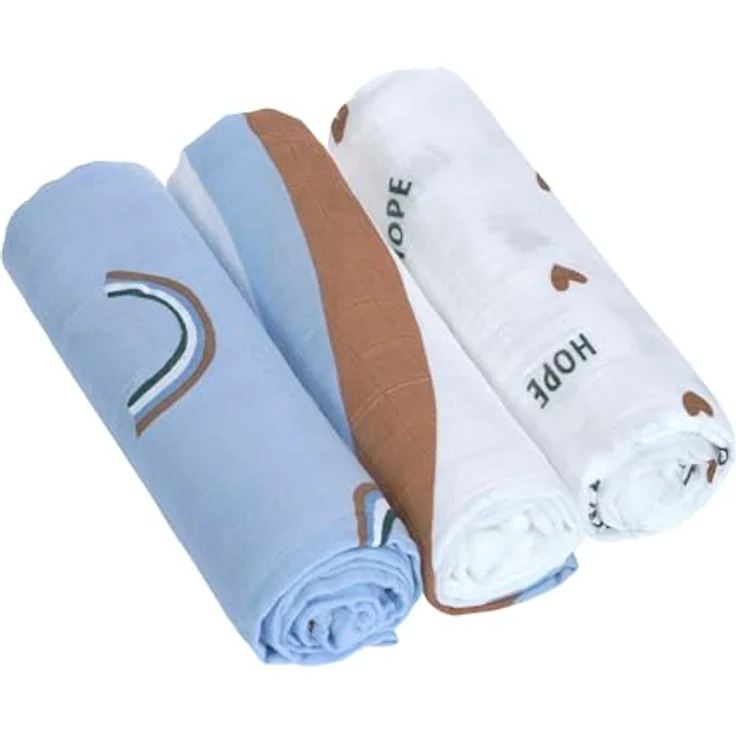 LÄSSIG Baby Mulltuch 3er Set, Spucktuch und Puckdecke aus Baumwolle, 80 x 80 cm, atmungsaktiv, himmelblau – Bild 1