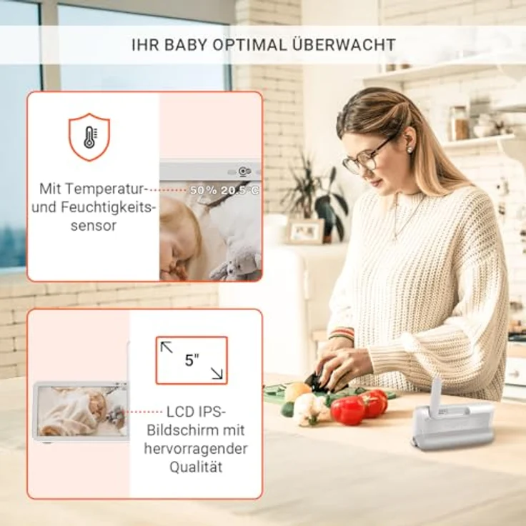 Gigaset Baby 500 Video, Video-Babyphone mit HD-Videoübertragung, 5" LCD IPS Bildschirm, sichere FHSS-Technologie, langer Akkulaufzeit, farbiger Nachtsichtmodus, Cream White/Bronze – Bild 4