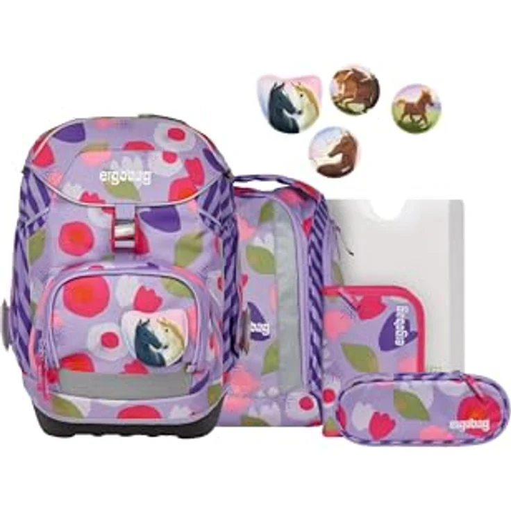 ergobag pack Set, ergonomischer Schulrucksack 6-teilig für 1. Klasse mit höhenverstellbarem Tragesystem, wasserdichtem Boden und individuellen Kletties – Bild 1
