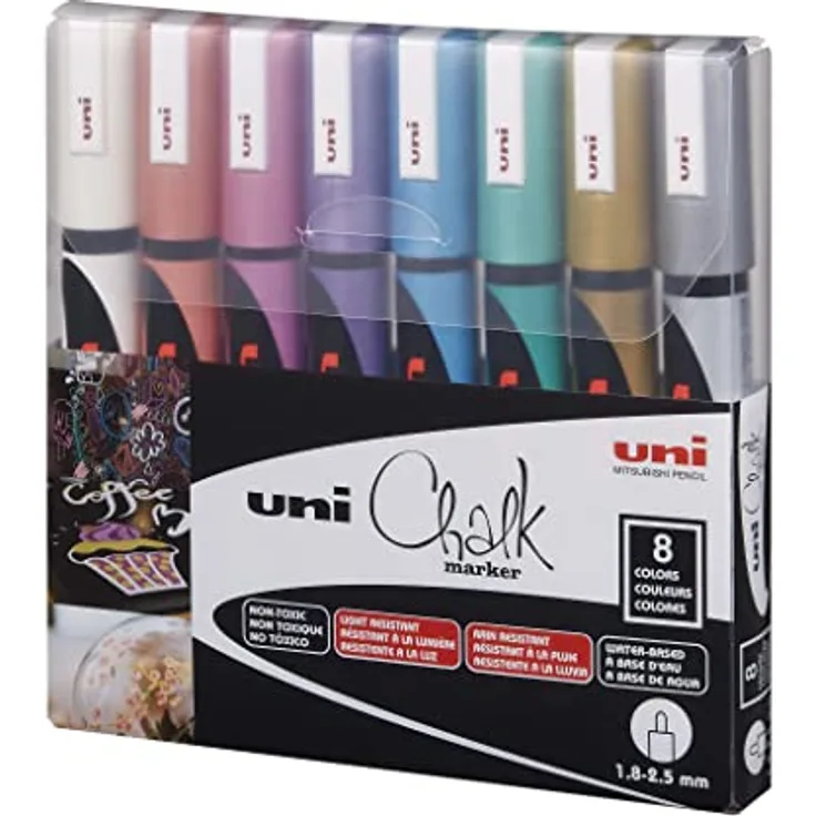 uni-ball 186209 - Fenster- und Kreidemarker mit Rundspitze, PWE-5M, metallic Farben, 8er Etui