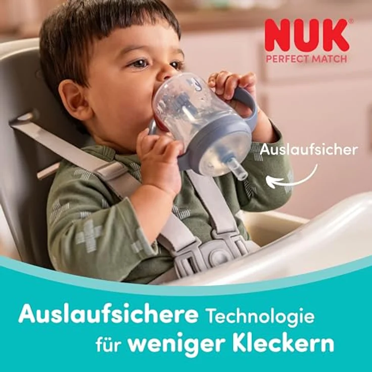 NUK Perfect Match Trinklernflasche mit Strohhalm, 150 ml, Auslaufsicher, rutschfeste Griffe, rosa, für 8+ Monate – Bild 4