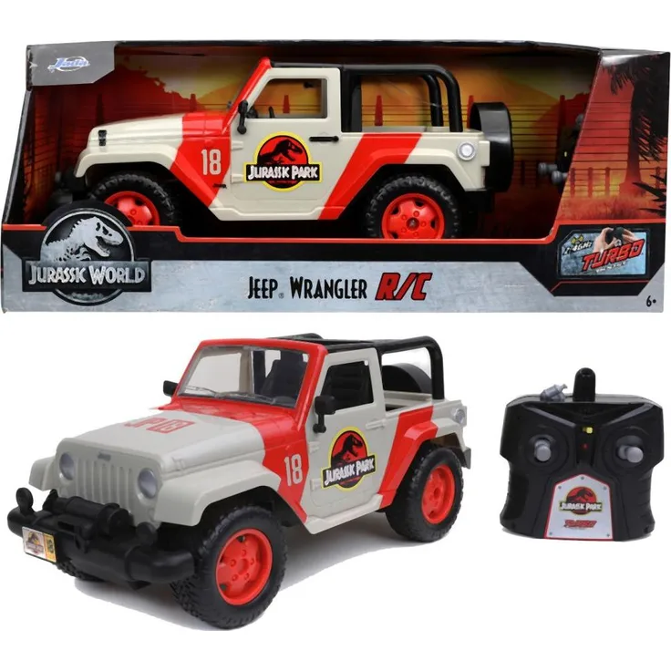 Jada Jurassic World RC Jeep Wrangler 1:16, ferngesteuertes Fahrzeug mit 2-Kanal-Fernsteuerung, Rot und Beige, bis zu 9 km/h