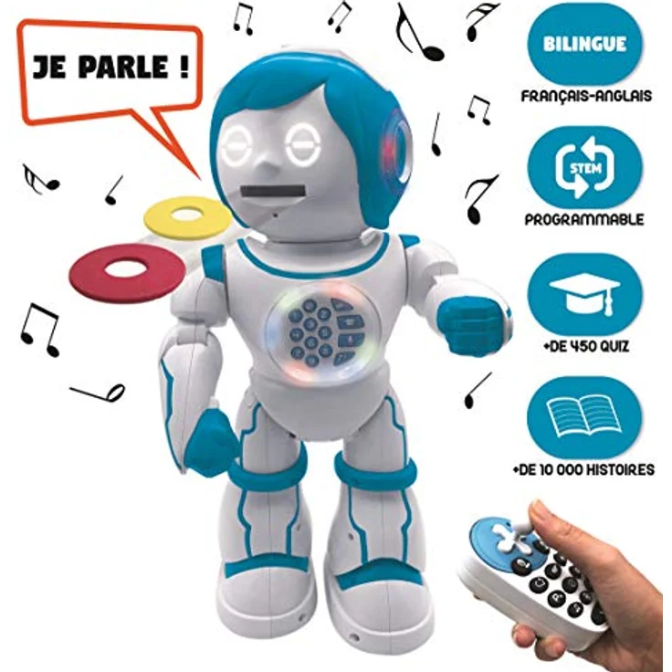 Lexibook Powerman Kid ROB90FR – Zweisprachiger Lernroboter, programmierbar, Tanz- und Musikfunktionen, 450+ Lernquiz und Geschichten, mit Fernbedienung und Schaumstoffscheiben – Bild 2