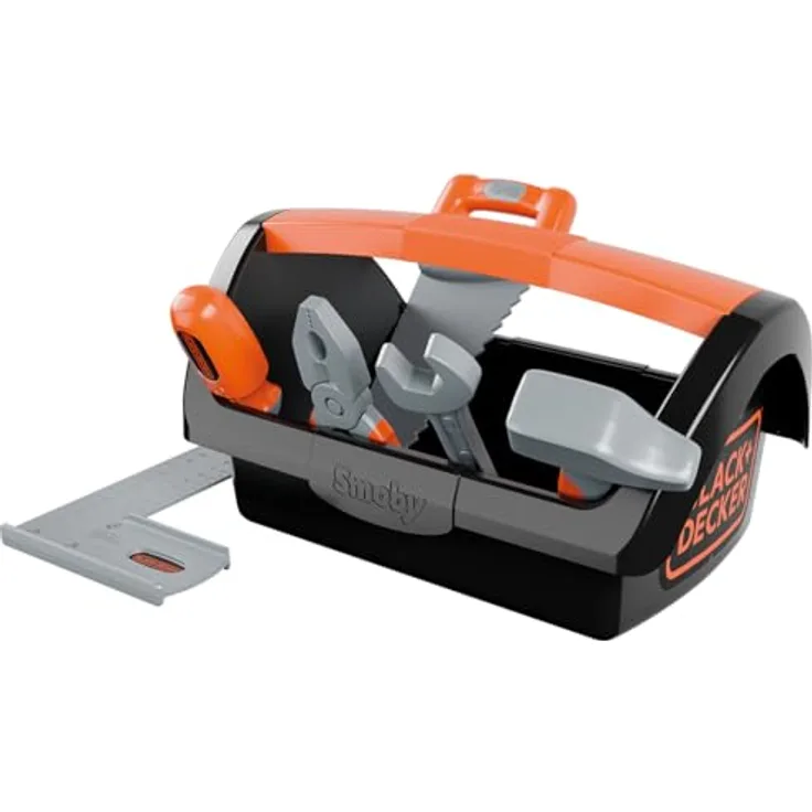 Smoby Black+Decker Spielzeug-Werkzeugkiste, 6-teilig mit Hammer, Säge und Schraubenzieher, für Kinder ab 3 Jahren, transportabel