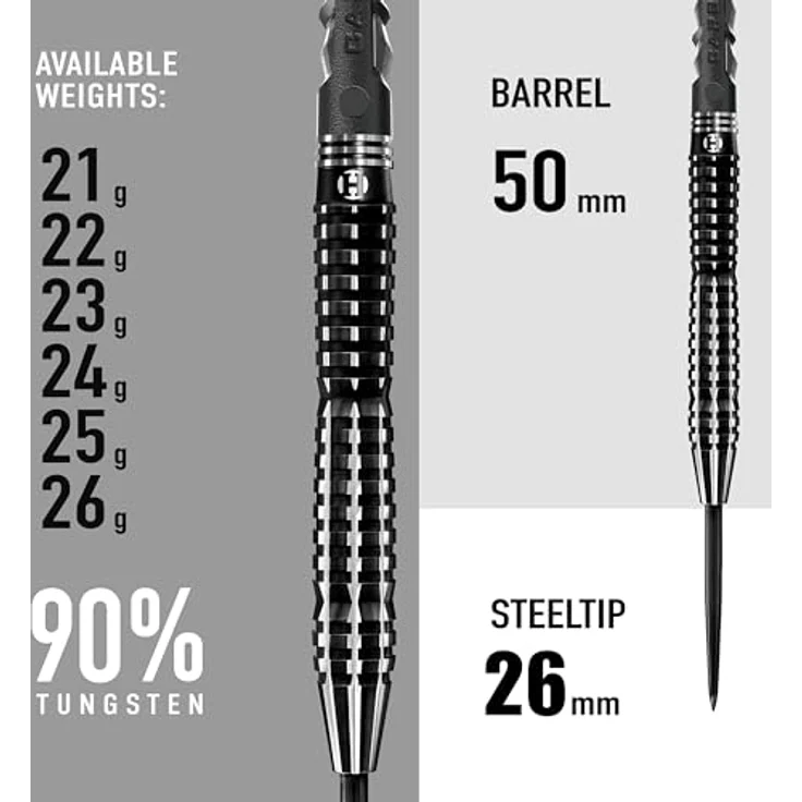 Harrows Black Knight Darts-Set, 90% Wolfram, 22g-25g, inklusive Black Carbon ST Midi-Schäfte und Micron Black Knight Flights (24g) – Bild 3