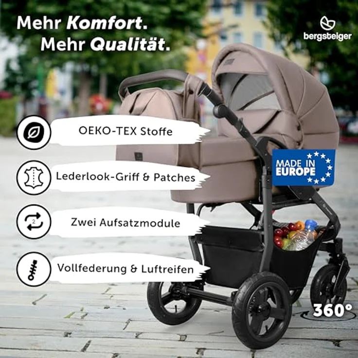 Bergsteiger Capri Kombikinderwagen 3-in-1, Babywanne, Sportsitz & i-Size Babyschale, Luftreifen, Federung, höhenverstellbarer Griff, faltbar, Zubehör – Bild 2