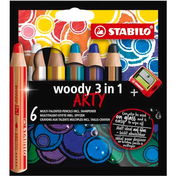 Buntstift, Wasserfarbe & Wachsmalkreide - STABILO woody 3 in 1 - ARTY - 6er Pack - mit 6 verschiedenen Farben und Spitzer – Bild 2