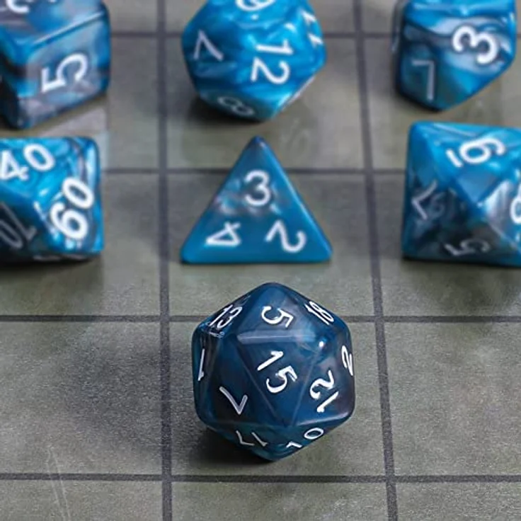 QMAY DND Dice Polyedrisches Würfel Set, 7 Stück für Dungeons und Dragons, Blau und Silber, Acryl, inklusive Samtbeutel, leicht ablesbar – Bild 4