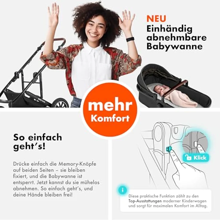 Daliya FLEXI-PRO M 2in1 Kombikinderwagen, klappbar mit Liegefunktion, höhenverstellbar, Dunkelgrau Leinen, für Neugeborene & Kleinkinder, mit großem Einkaufskorb – Bild 4