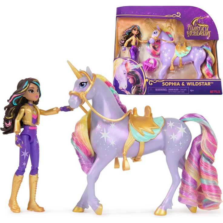 Spin Master Anziehpuppe Unicorn Academy - Small Doll & Unicorn - Sophia & Wildstar, 11 cm große Puppe mit 7 Artikulationspunkten, seidige Mähne und Schweif, abnehmbares Sattel und Zaumzeug, ab 4 Jahren, Ankleidepuppen-Maßstab – Bild 1