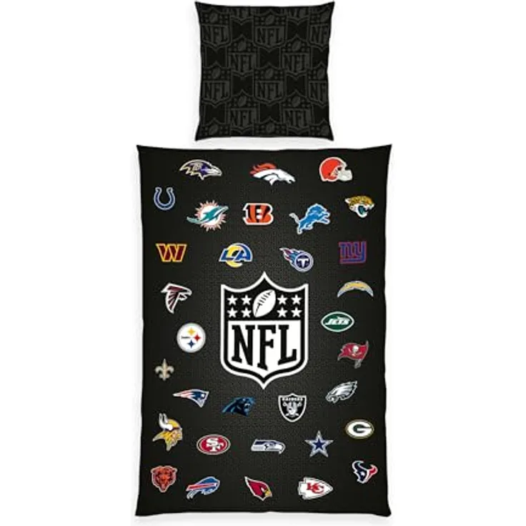 Herding Bettwäsche NFL Teams, Set mit Kopfkissenbezug 80 x 80 cm und Bettbezug 135 x 200 cm, 100% Baumwolle, Mehrfarbig, mit Markenreißverschluss, waschbar bei 60°C