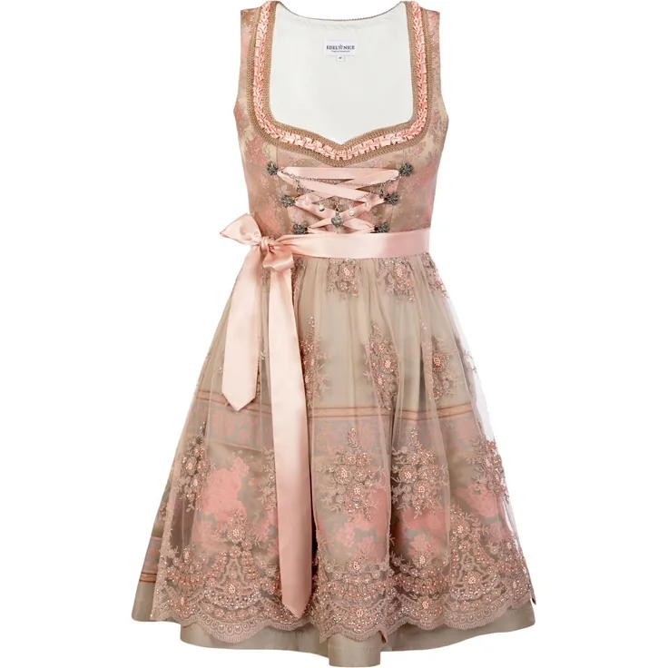 Edelnice Rosalie Dirndl, goldenes Brokatstoff mit rosé Rosenmuster, handgefertigtes Charivari