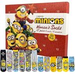 United Labels Minions Adventskalender, 12 Paar Socken für Damen, Größe 35-41, Sneakersocken und lange Socken mit Minions-Designs