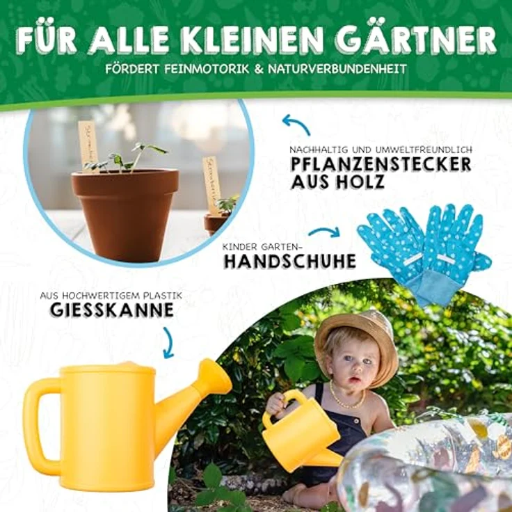 PHIBER-SPORTS Kinder Gartenwerkzeug Set (11 Teile) mit Kindergartenbuch, Metall Schaufel und Gießkanne, geeignet für Garten, Sand und Strand, ab 3 Jahre – Bild 4