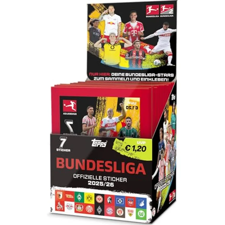 Topps 2025-26 Bundesliga Sticker (Display) Deutsch, 50 Boosterpackungen mit 7 Karten pro Packung