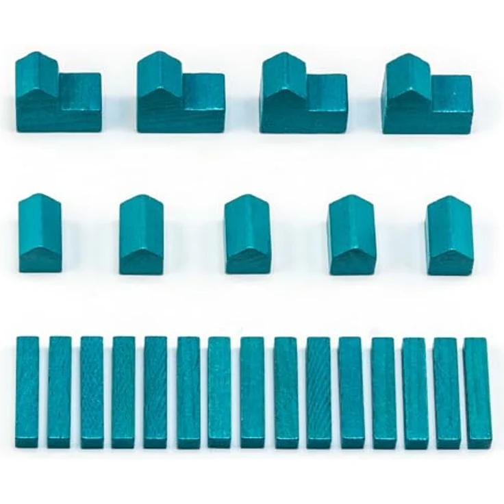Waldfelsen® Hozfiguren, 4 Städte, 5 Siedlungen und 15 Straßen für Die Siedler, türkis, aus echtem Massivholz – Bild 1